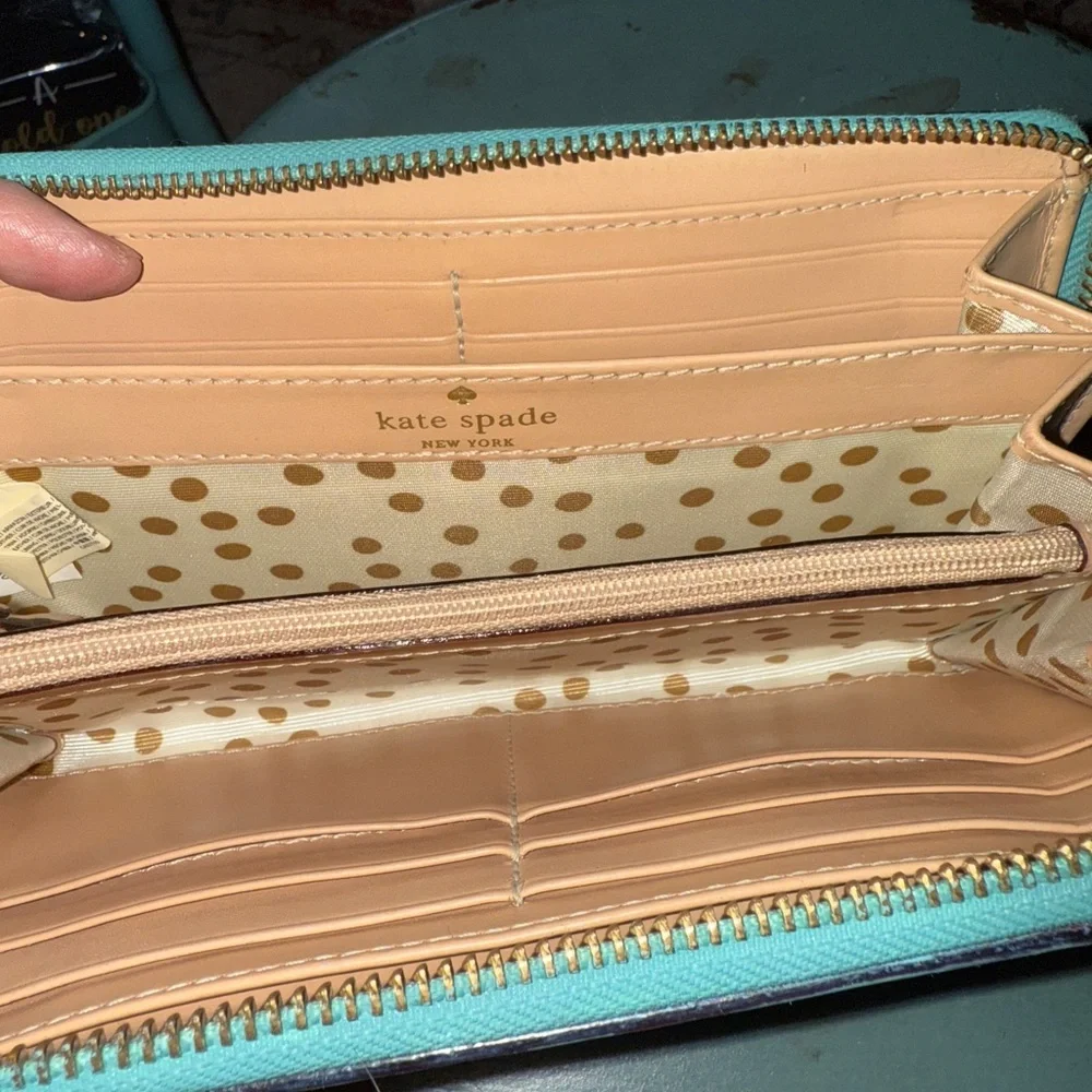 Kate Spade Teal Leather Wallet with Gold Polka Dots interior - Picture 6 of 9